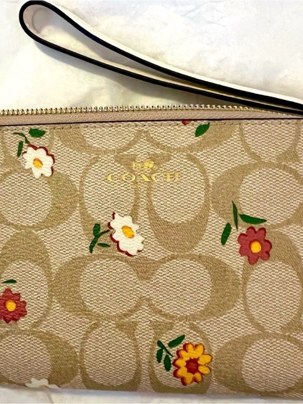 Coach Beige Signature Canvas Floral Wristlet